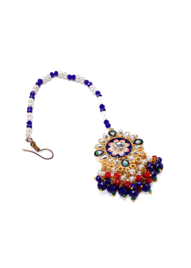Beads Tassel Necklace | Gold Metal Silver Kundan with Navy, Pink & Royal Blue Lulu Accents