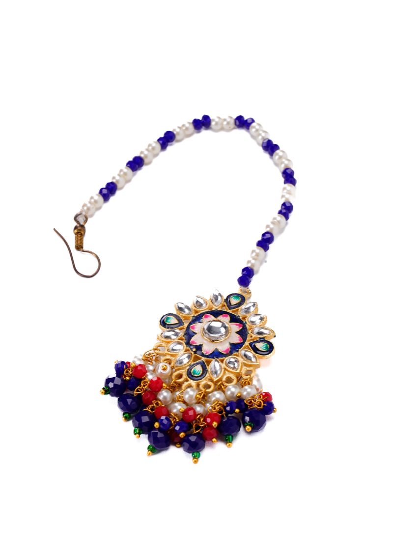 Beads Tassel Necklace | Gold Metal Silver Kundan with Navy, Pink & Royal Blue Lulu Accents