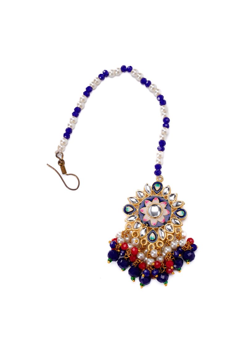 Beads Tassel Necklace | Gold Metal Silver Kundan with Navy, Pink & Royal Blue Lulu Accents