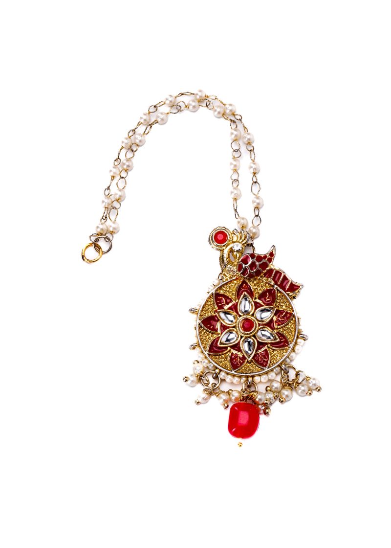 Silver Kundan Earrings | Gold Entick Metal with Blue Ruby, Off White & Pearl Tassel