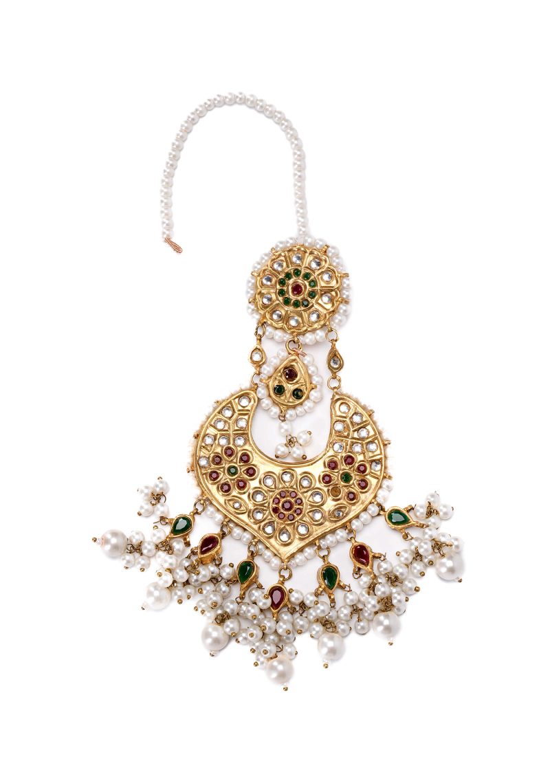 Gold Metal Uncut Diamond Earrings | Pink Ruby Design with Luxe Gold Pearl Accents