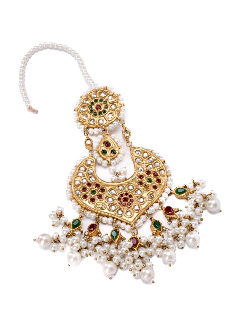 Gold Metal Uncut Diamond Earrings | Pink Ruby Design with Luxe Gold Pearl Accents