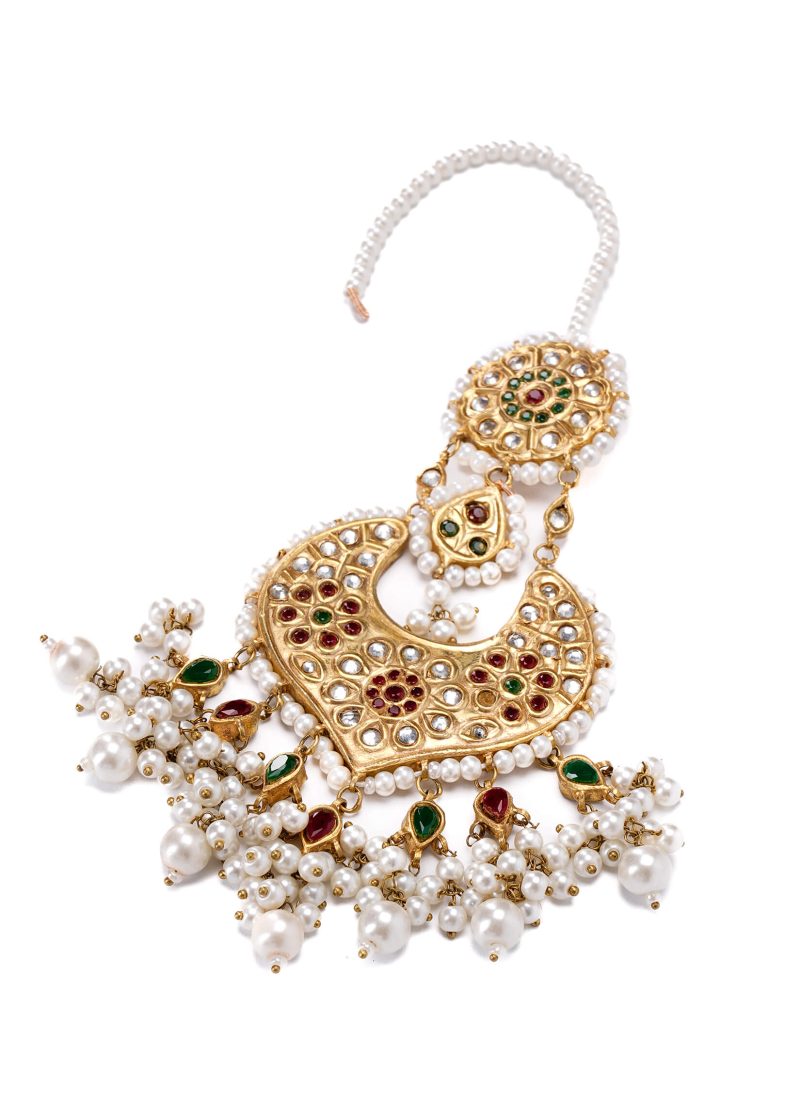 Gold Metal Uncut Diamond Earrings | Pink Ruby Design with Luxe Gold Pearl Accents