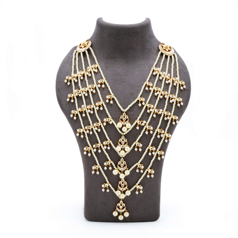 Pink Beads Jhumka | Gold Metal Silver Diamond with Ruby Tassel & Pearl Choker Set