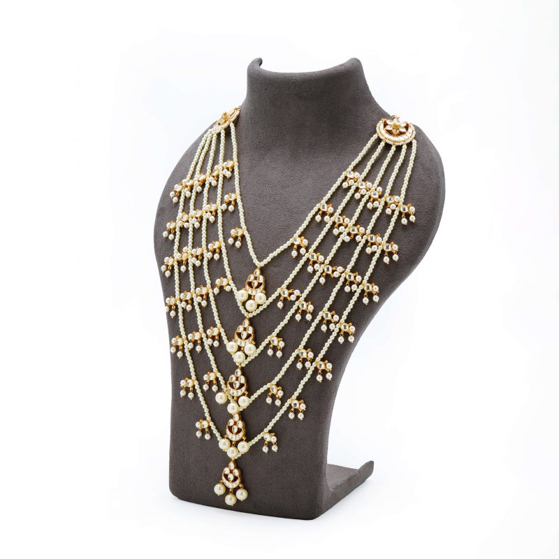 Pink Beads Jhumka | Gold Metal Silver Diamond with Ruby Tassel & Pearl Choker Set