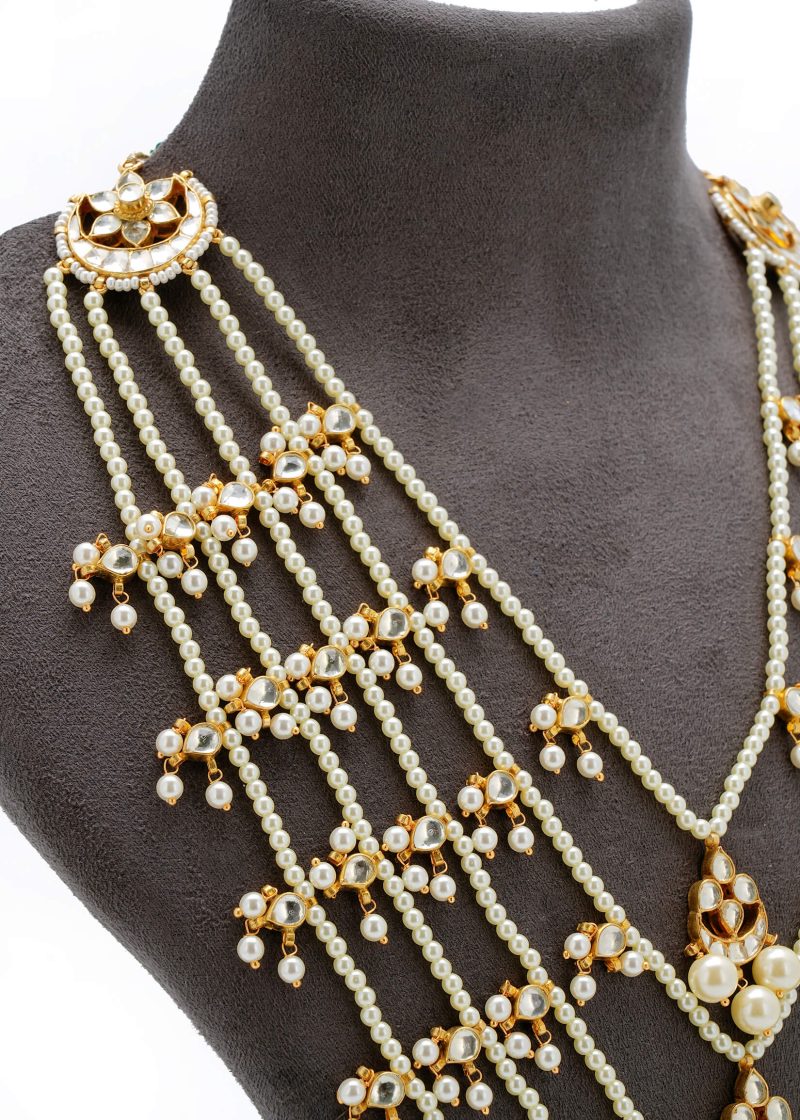 Pink Beads Jhumka | Gold Metal Silver Diamond with Ruby Tassel & Pearl Choker Set