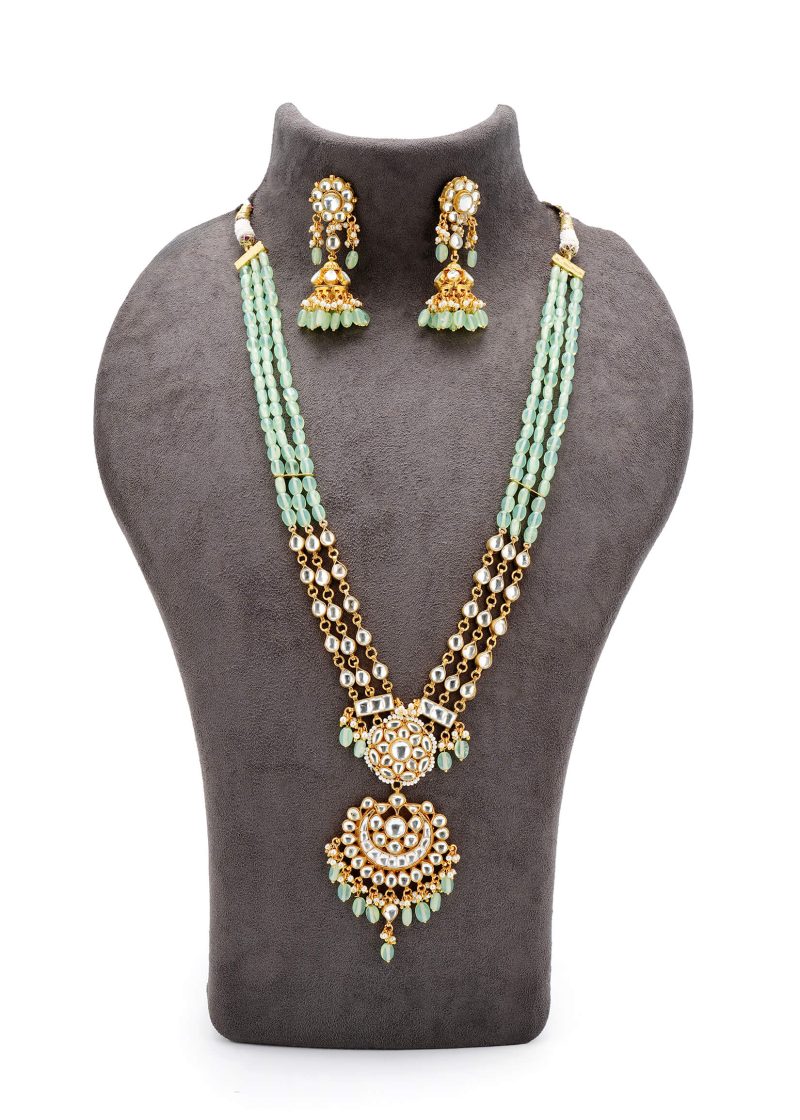 Kundan Polki Set in Mint Green | 92.5 Silver Gold Plated with Sturdy Gold Metal Base