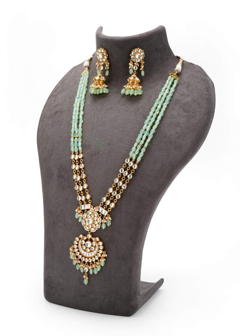 Kundan Polki Set in Mint Green | 92.5 Silver Gold Plated with Sturdy Gold Metal Base