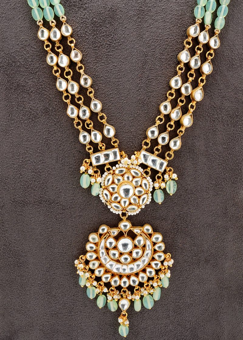 Kundan Polki Set in Mint Green | 92.5 Silver Gold Plated with Sturdy Gold Metal Base