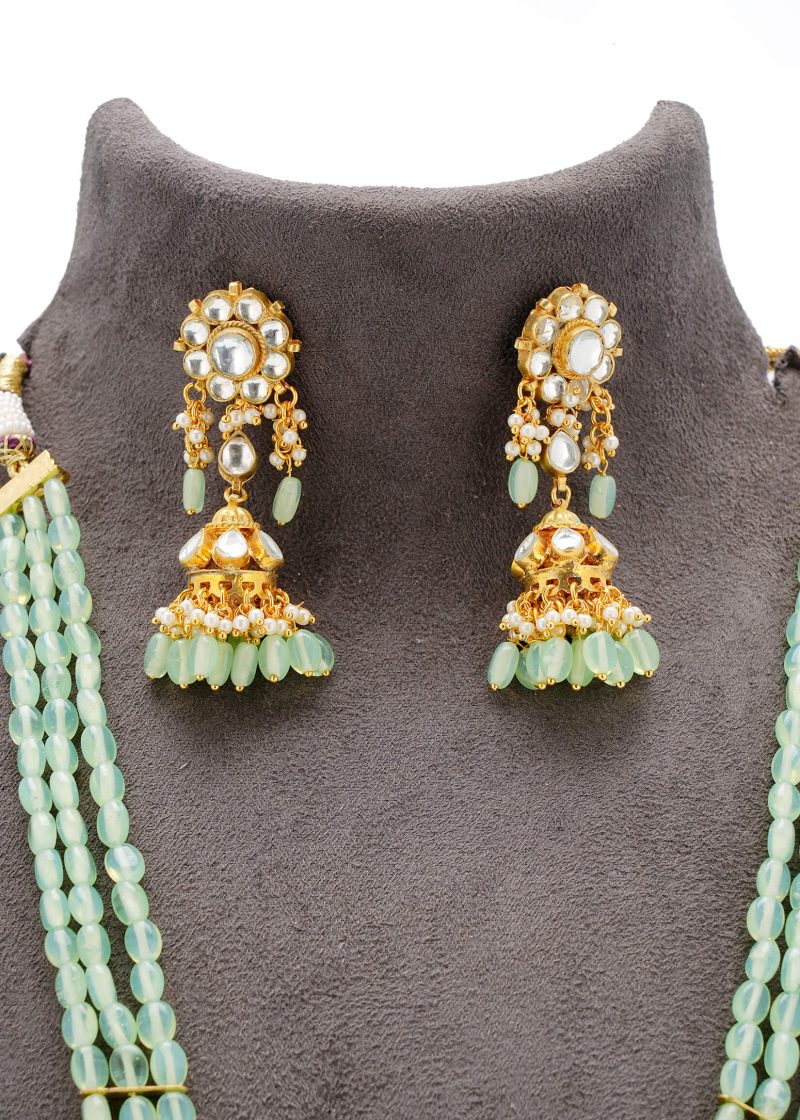 Kundan Polki Set in Mint Green | 92.5 Silver Gold Plated with Sturdy Gold Metal Base