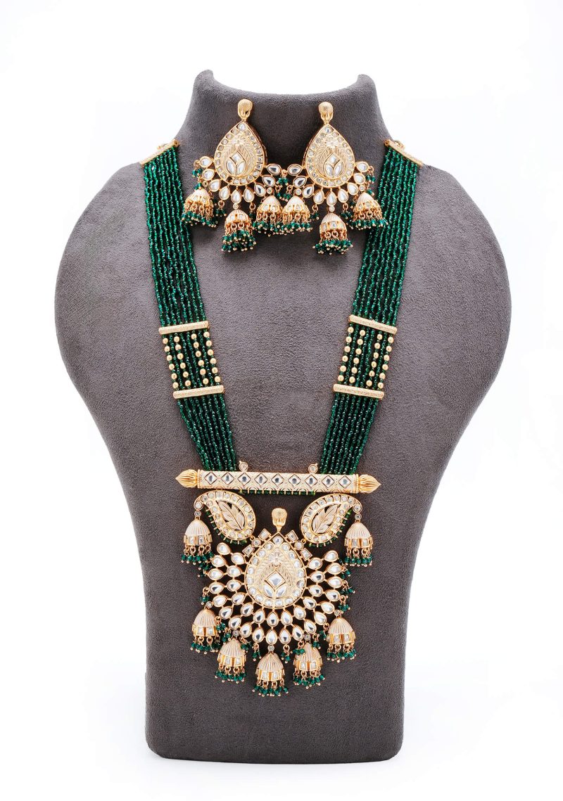 Emerald Green Heavy Kundan Set | Gold Metal Base with Regal Tassel Elements