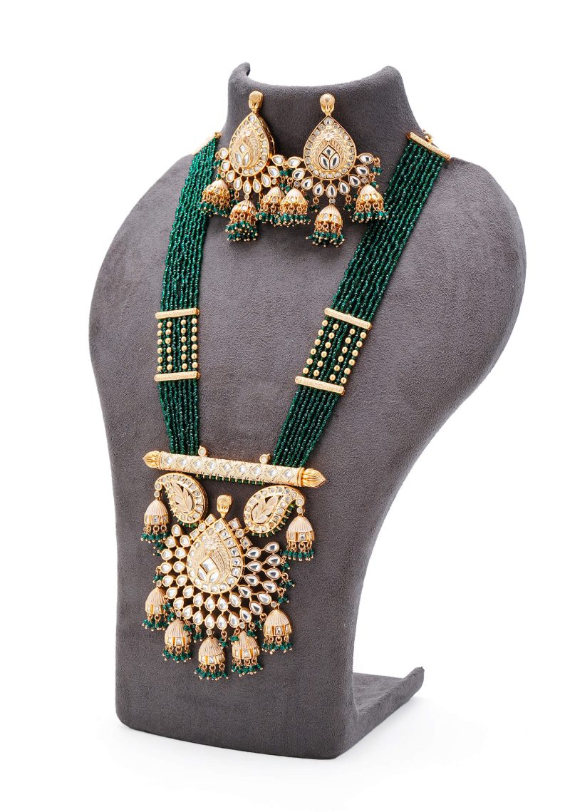 Emerald Green Heavy Kundan Set | Gold Metal Base with Regal Tassel Elements