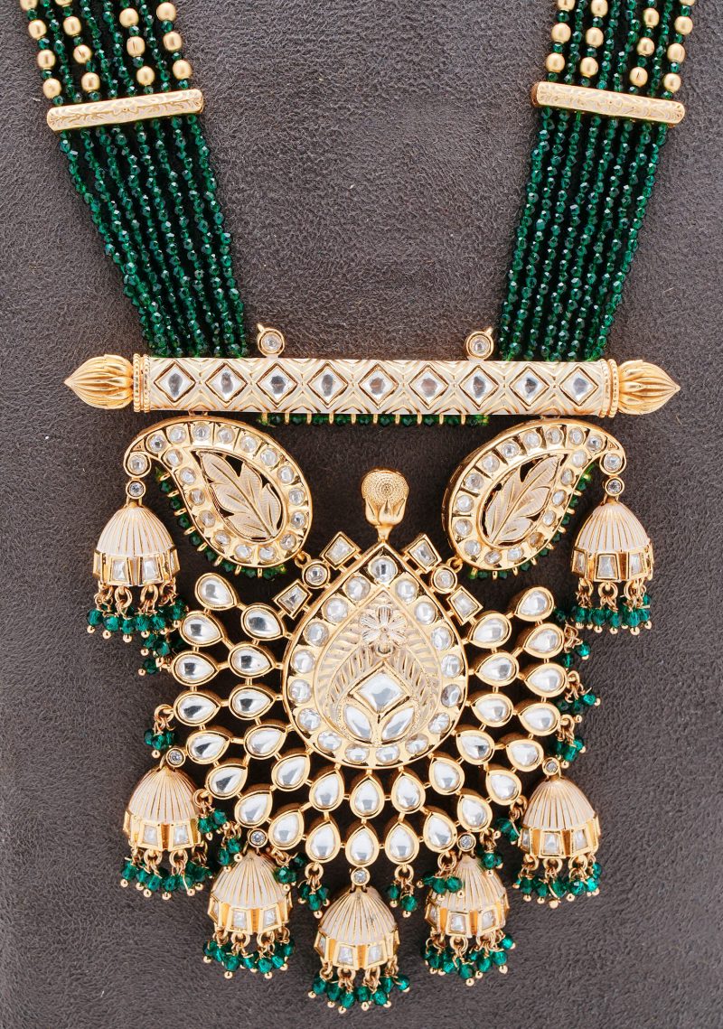 Emerald Green Heavy Kundan Set | Gold Metal Base with Regal Tassel Elements
