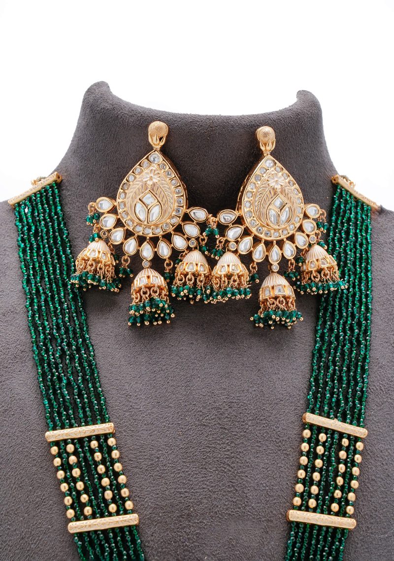 Emerald Green Heavy Kundan Set | Gold Metal Base with Regal Tassel Elements