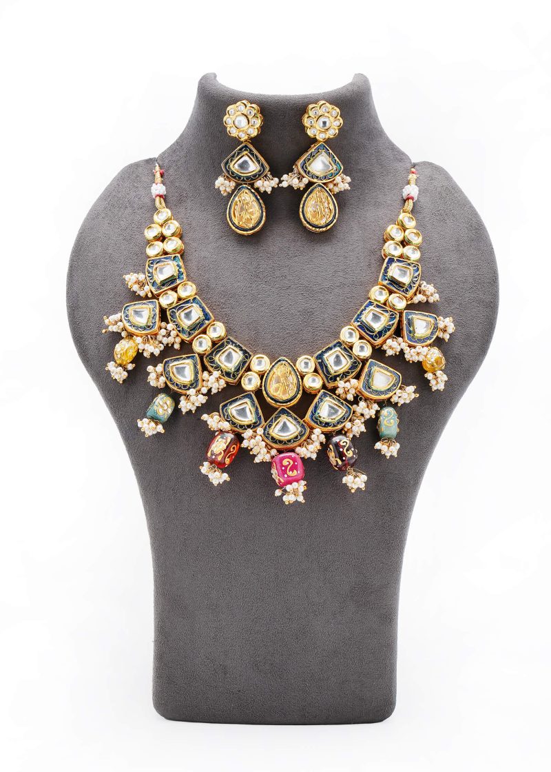 Necklace Set | Gold Metal Silver Kundan with Jaipuri Enamel Work & White Lulu Tassel