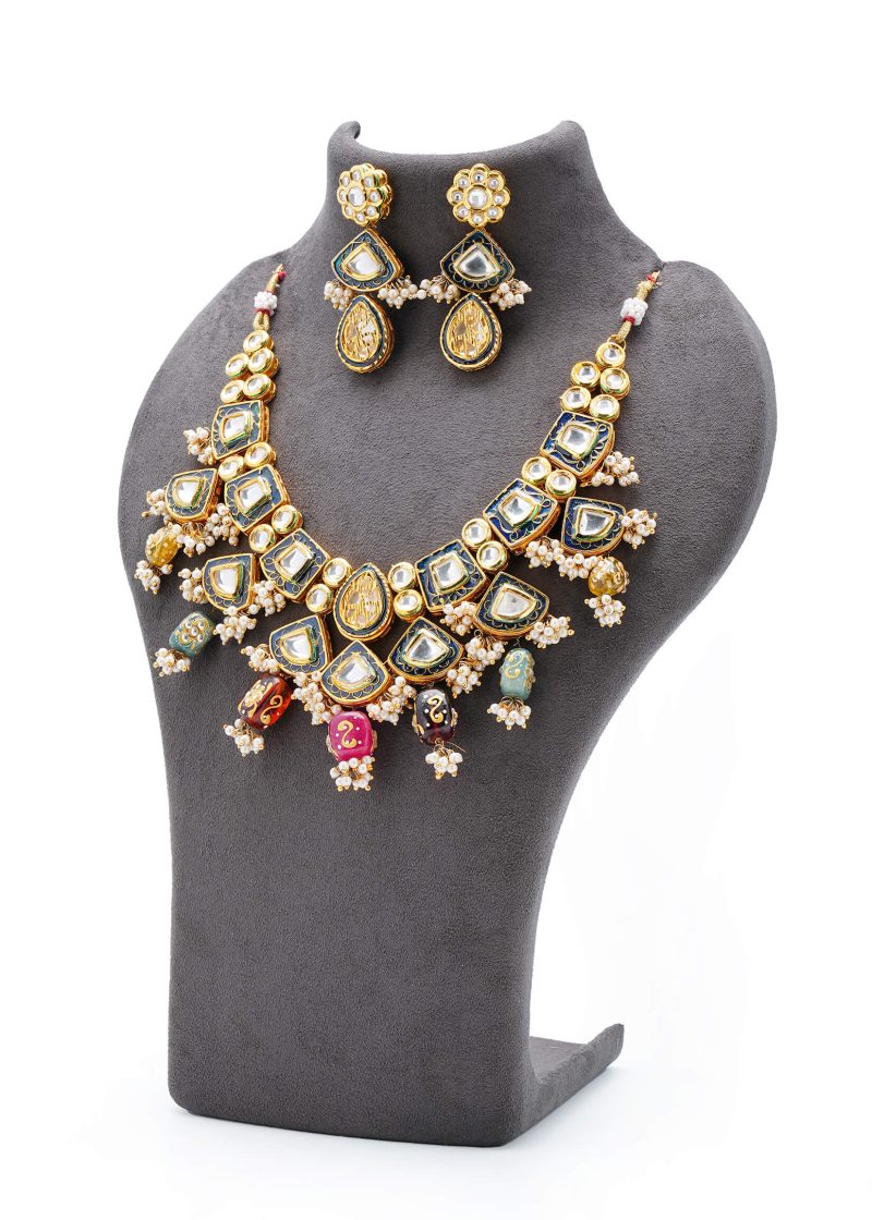 Necklace Set | Gold Metal Silver Kundan with Jaipuri Enamel Work & White Lulu Tassel