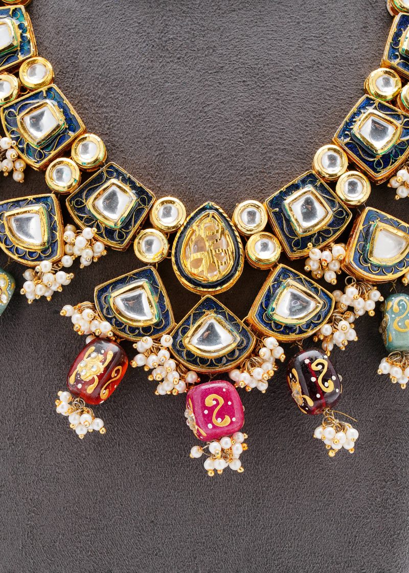 Necklace Set | Gold Metal Silver Kundan with Jaipuri Enamel Work & White Lulu Tassel