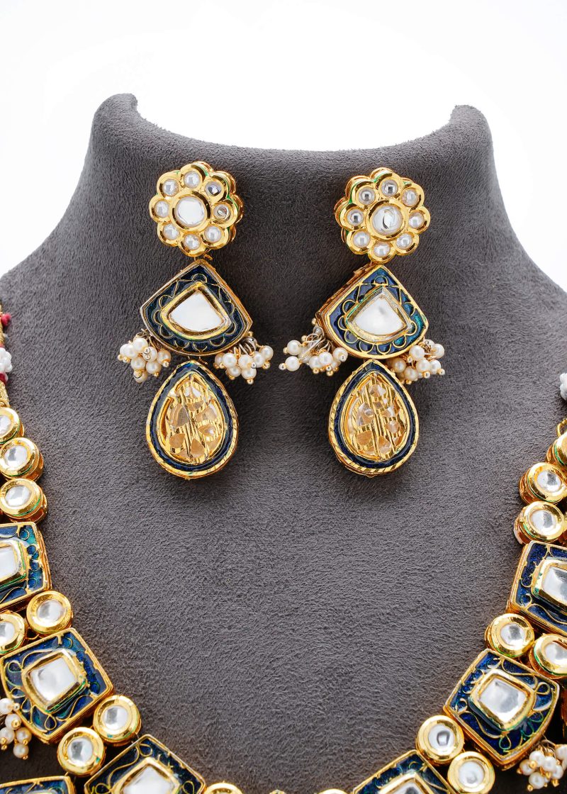 Necklace Set | Gold Metal Silver Kundan with Jaipuri Enamel Work & White Lulu Tassel