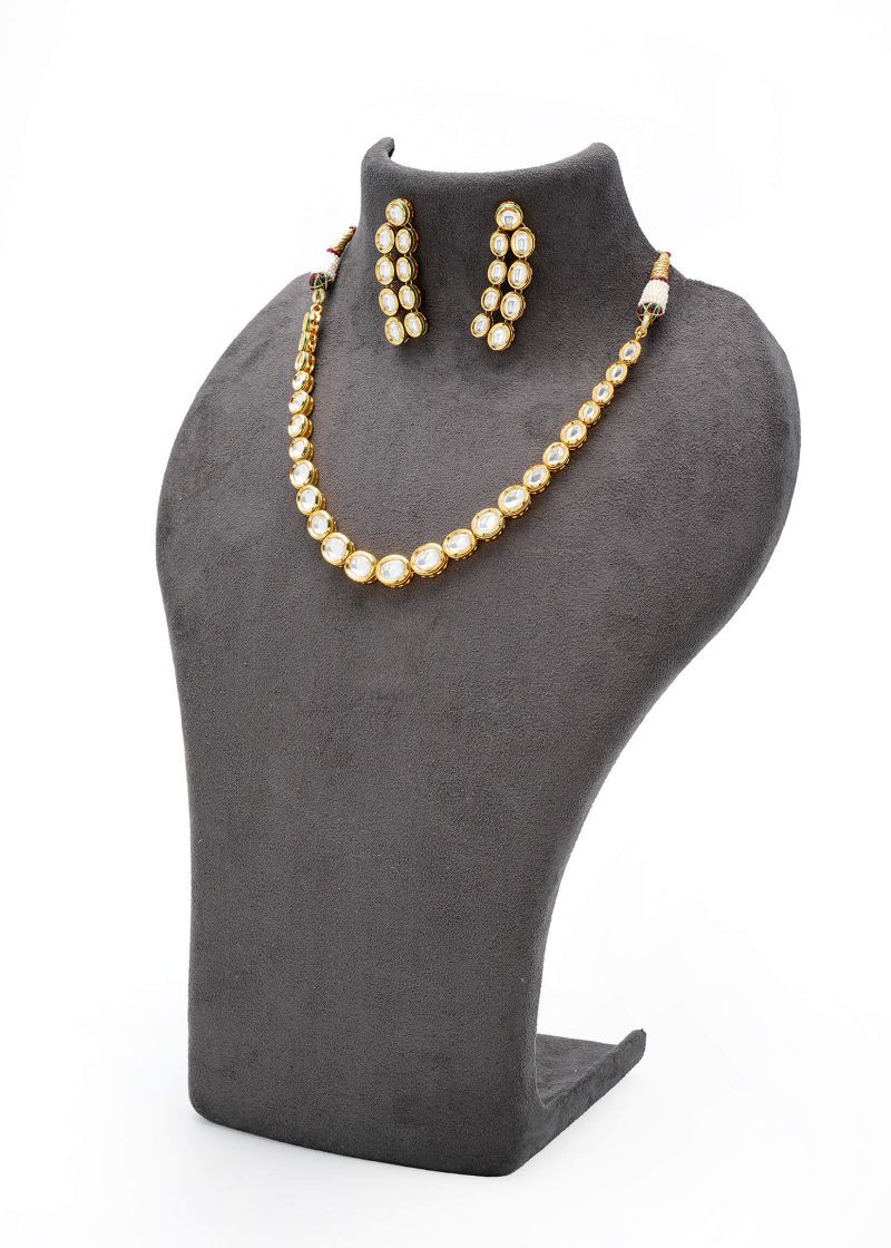 Choker Set | Gold Metal Silver Diamond Green Beads Off-White Stone with Jhumka