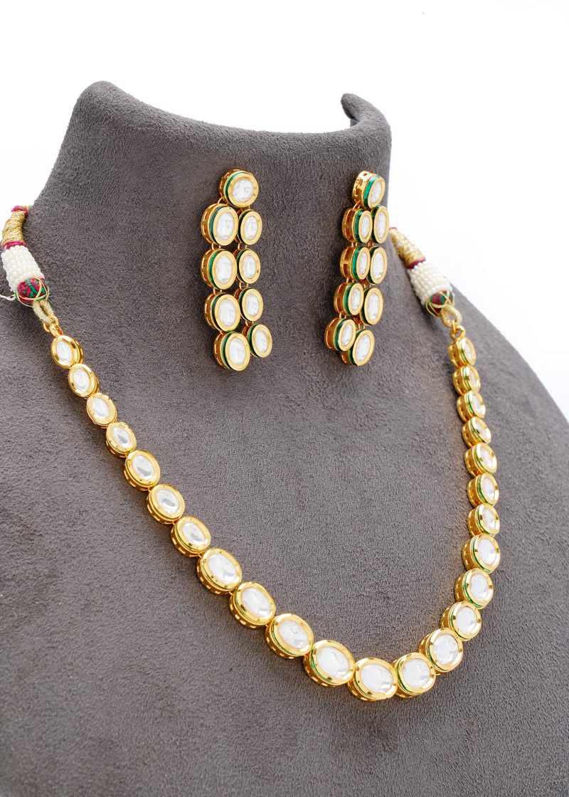 Choker Set | Gold Metal Silver Diamond Green Beads Off-White Stone with Jhumka