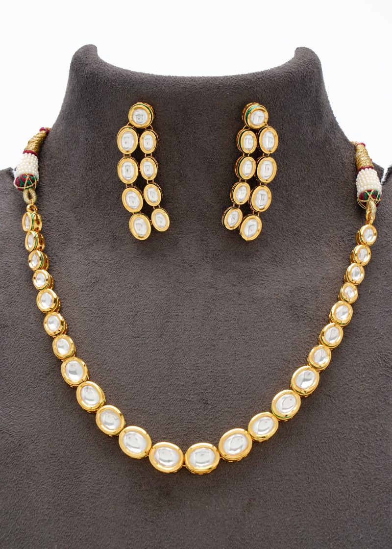 Choker Set | Gold Metal Silver Diamond Green Beads Off-White Stone with Jhumka