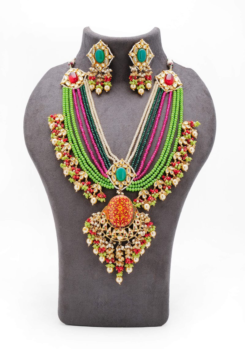 Bridal Long Set | Gold Metal Base with Multicolor Design & Mehndi Green Ruby AccentsJ