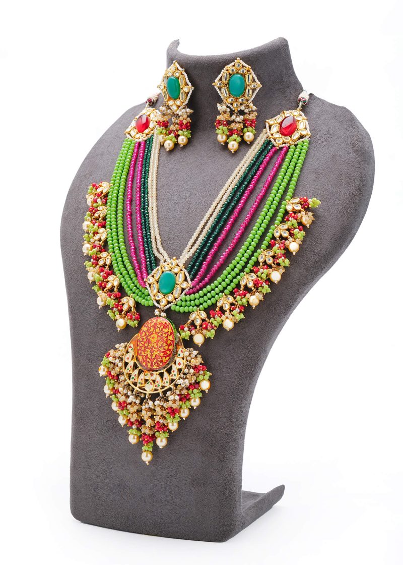 Bridal Long Set | Gold Metal Base with Multicolor Design & Mehndi Green Ruby AccentsJ