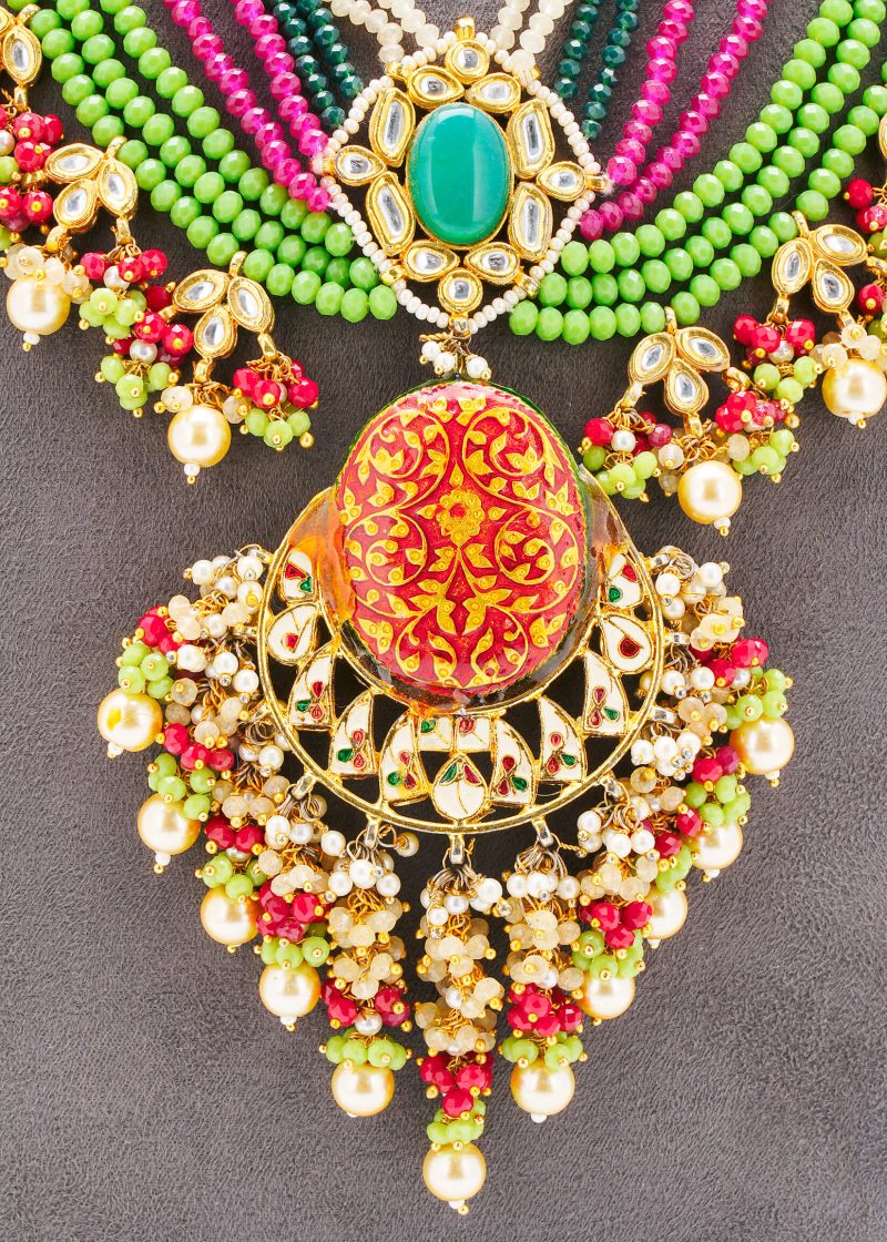 Bridal Long Set | Gold Metal Base with Multicolor Design & Mehndi Green Ruby AccentsJ