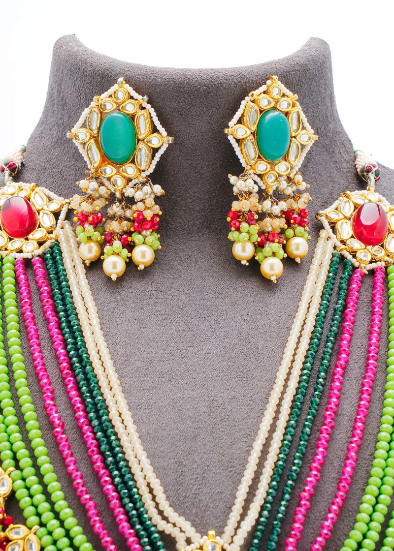 Bridal Long Set | Gold Metal Base with Multicolor Design & Mehndi Green Ruby AccentsJ