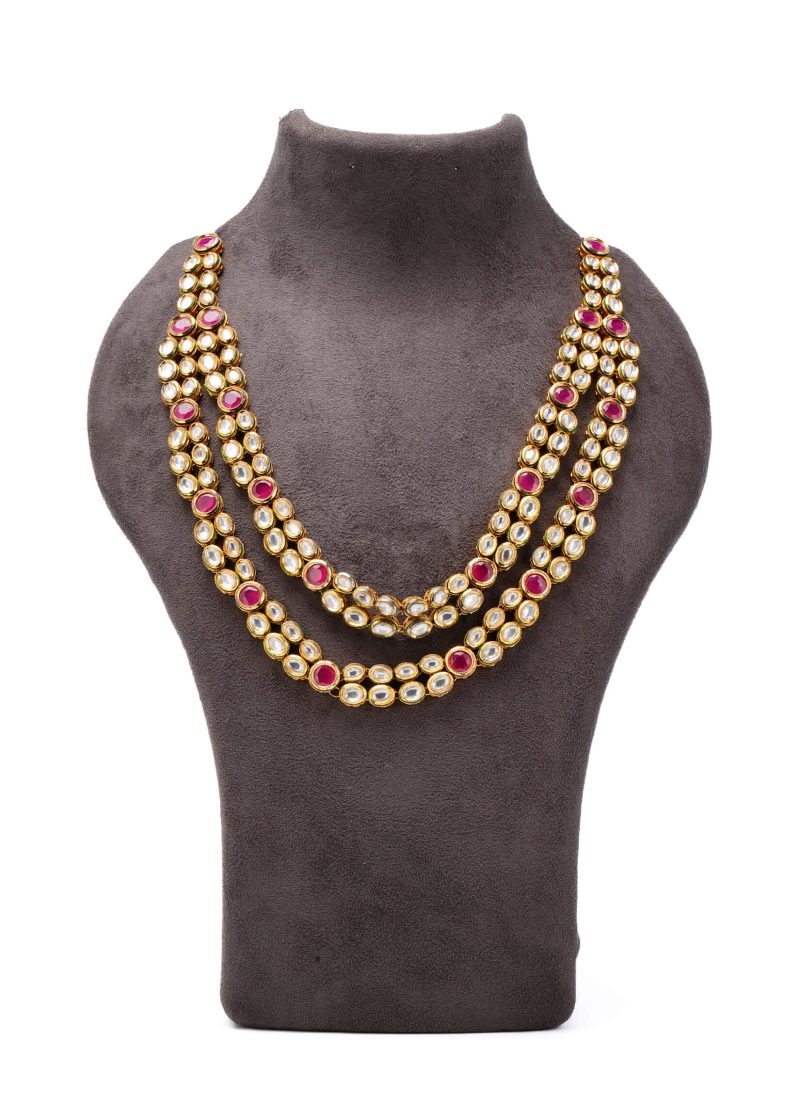Uncut Diamond Four Line Necklace Set | Gold Metal with Ruby & Emerald Kundan