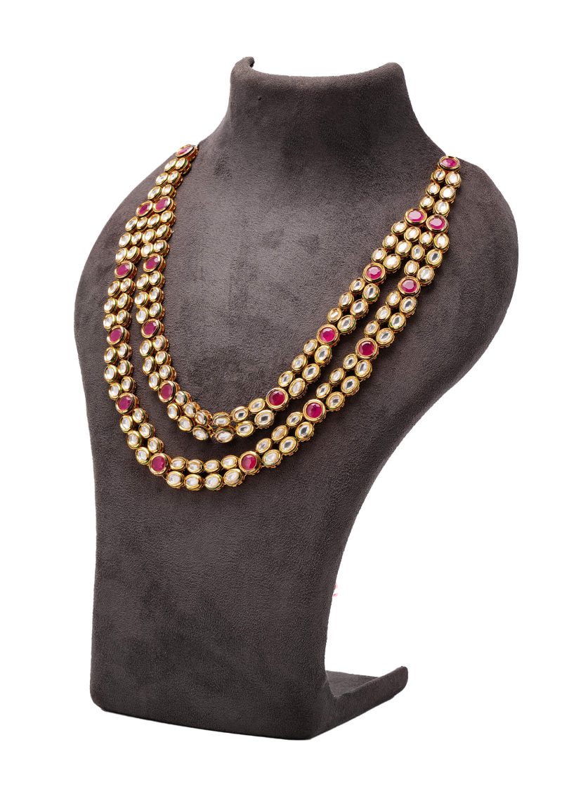 Uncut Diamond Four Line Necklace Set | Gold Metal with Ruby & Emerald Kundan