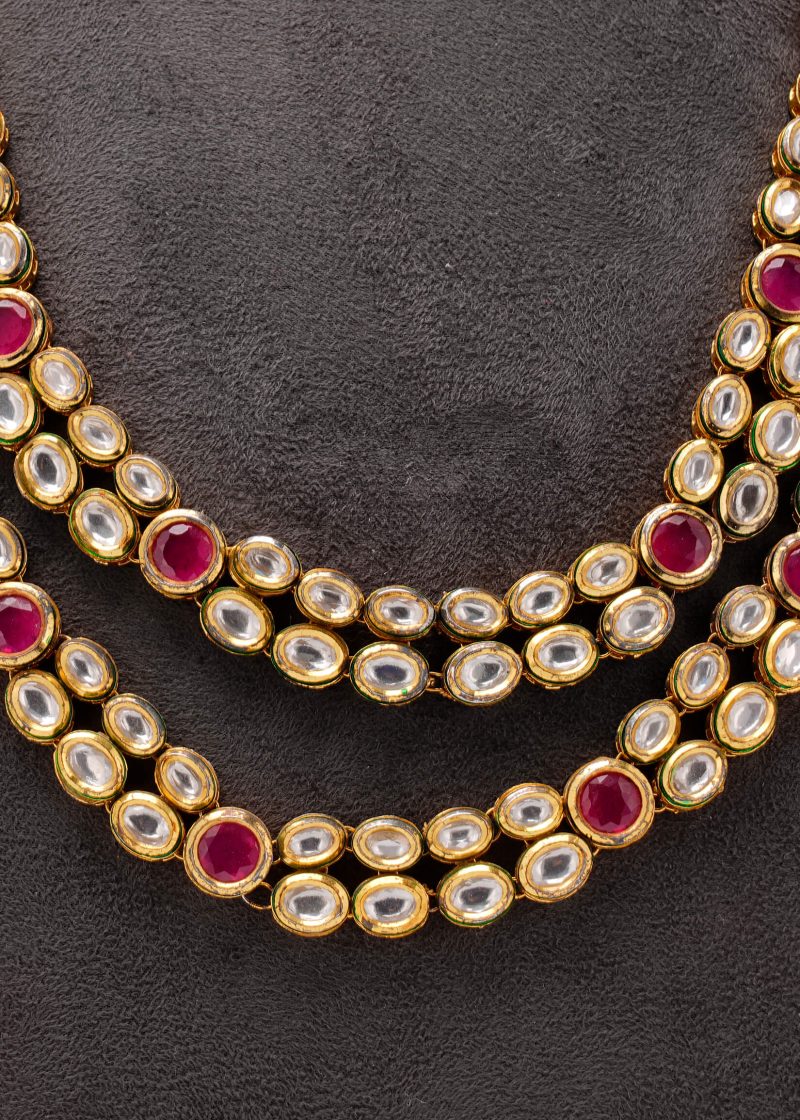 Uncut Diamond Four Line Necklace Set | Gold Metal with Ruby & Emerald Kundan