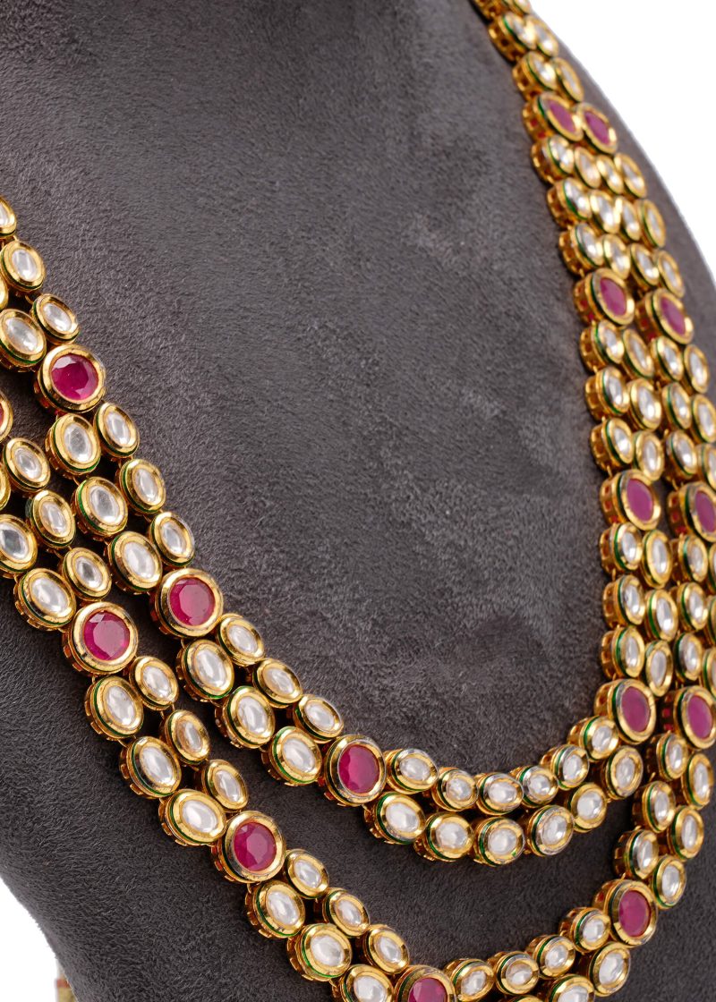 Uncut Diamond Four Line Necklace Set | Gold Metal with Ruby & Emerald Kundan