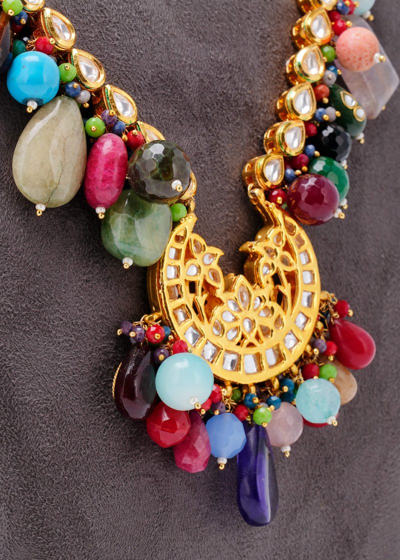 Sabyasachi Style Kundan Mala Set | Gold Metal Design with Multicolor Stone Accents