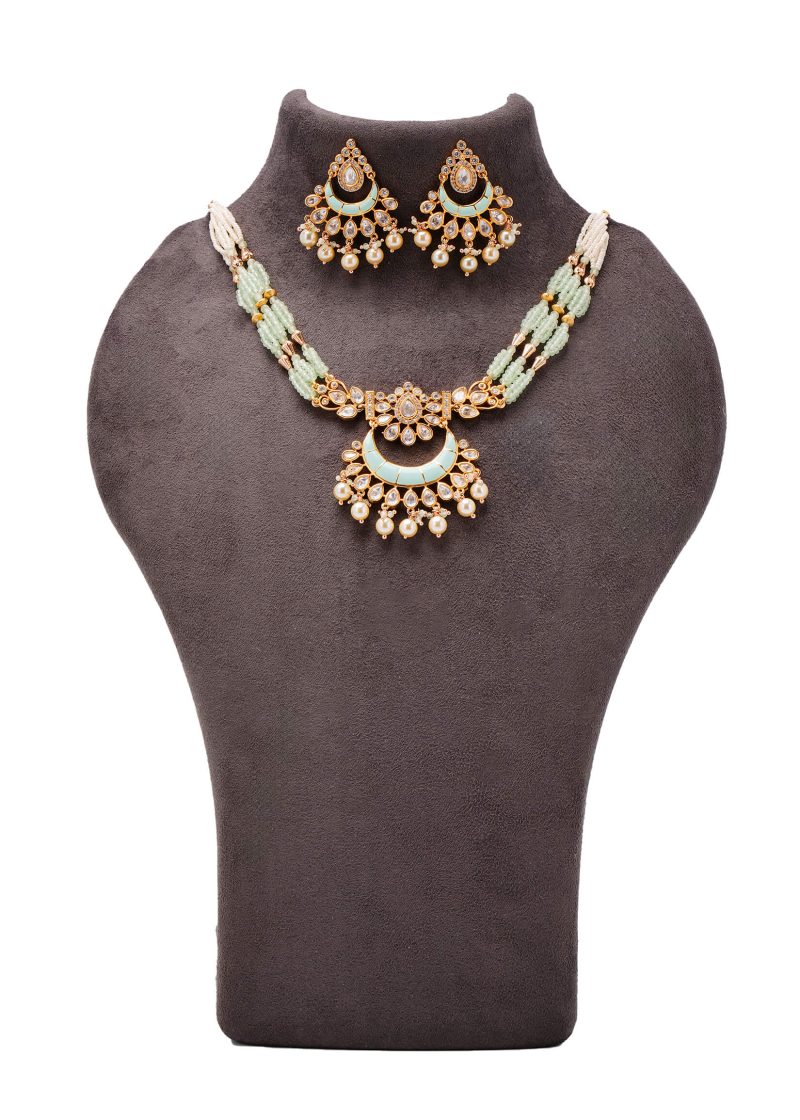 Sea Green Beads Necklace Set | Gold Metal Silver Diamond & Gold Lulu Maala Design