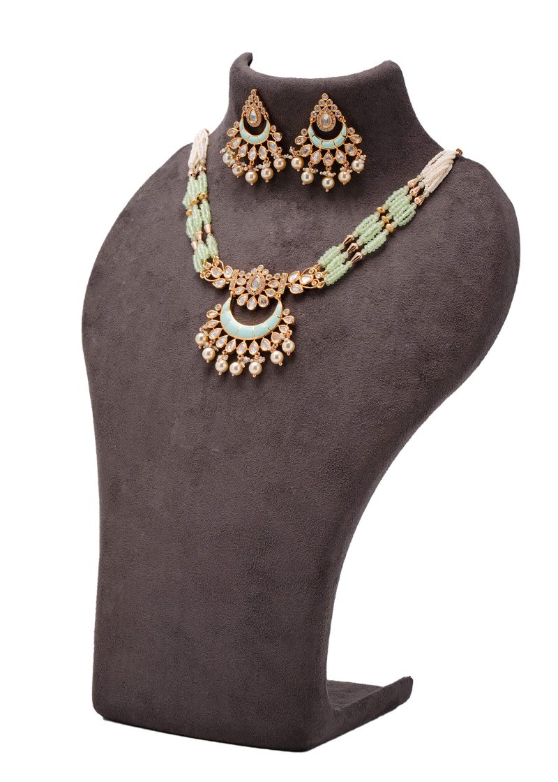 Sea Green Beads Necklace Set | Gold Metal Silver Diamond & Gold Lulu Maala Design
