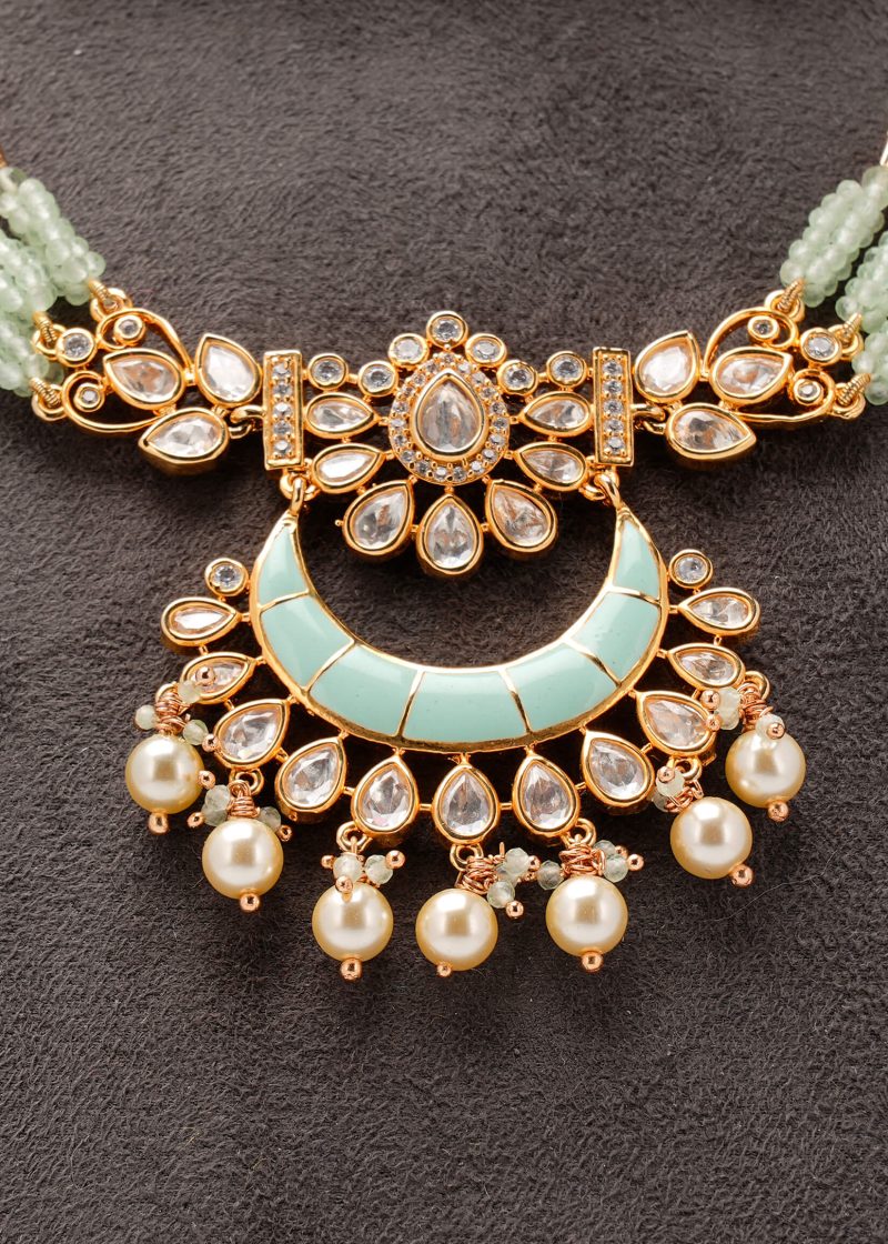 Sea Green Beads Necklace Set | Gold Metal Silver Diamond & Gold Lulu Maala Design