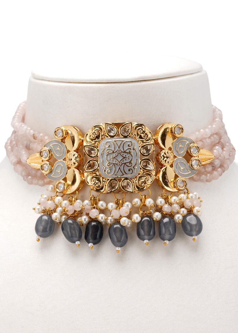 Minakari Kundan | Gold Metal Uncut Diamond with Decorative Work & Gold Base