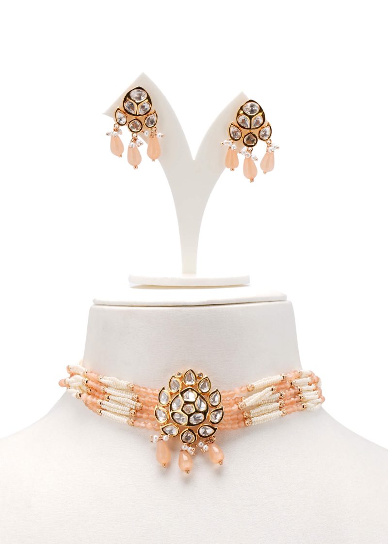 Three-Line Necklace Design | Gold Metal Silver Diamond with Emerald Green Ruby Details