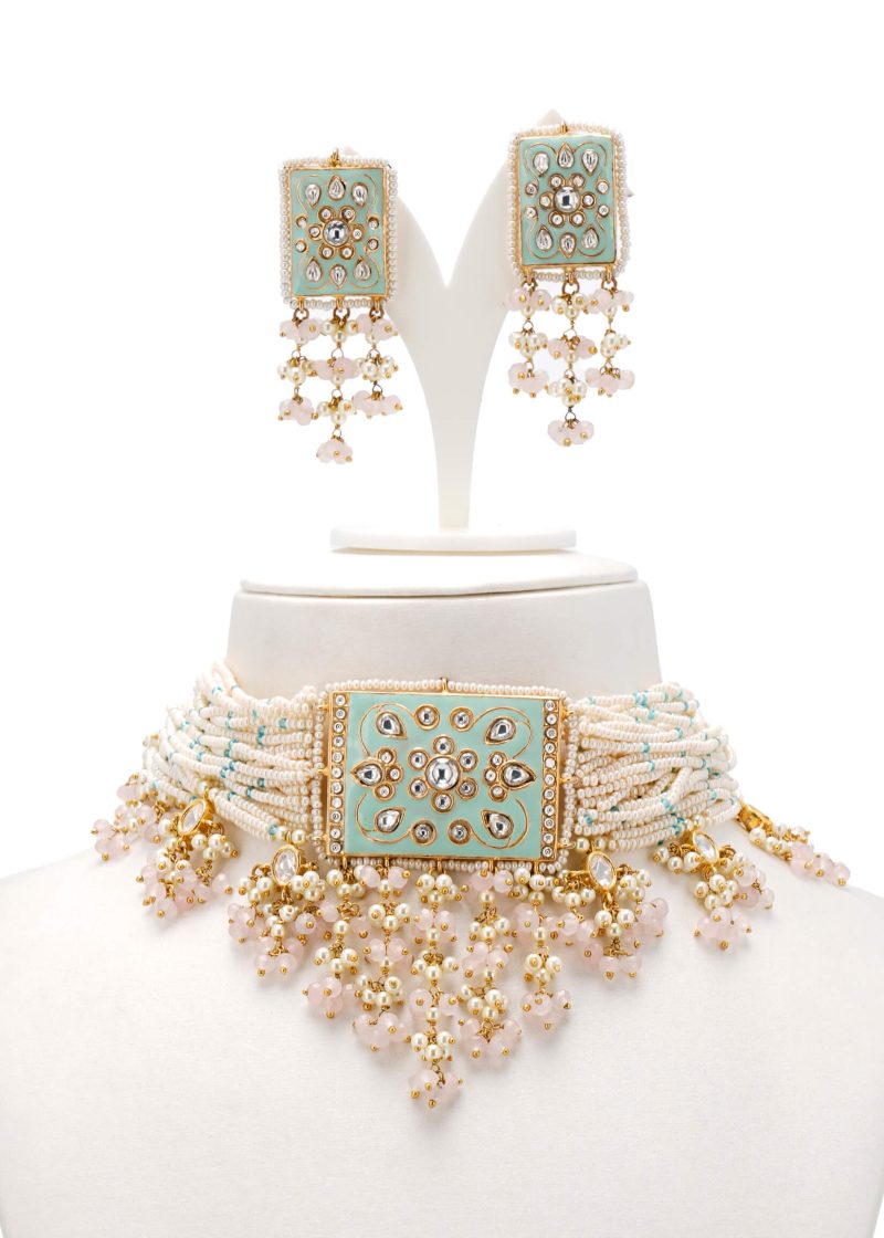 Traditional Necklace | Gold Uncut Diamond Pearl Kundan Emerald Red Base Wedding Set