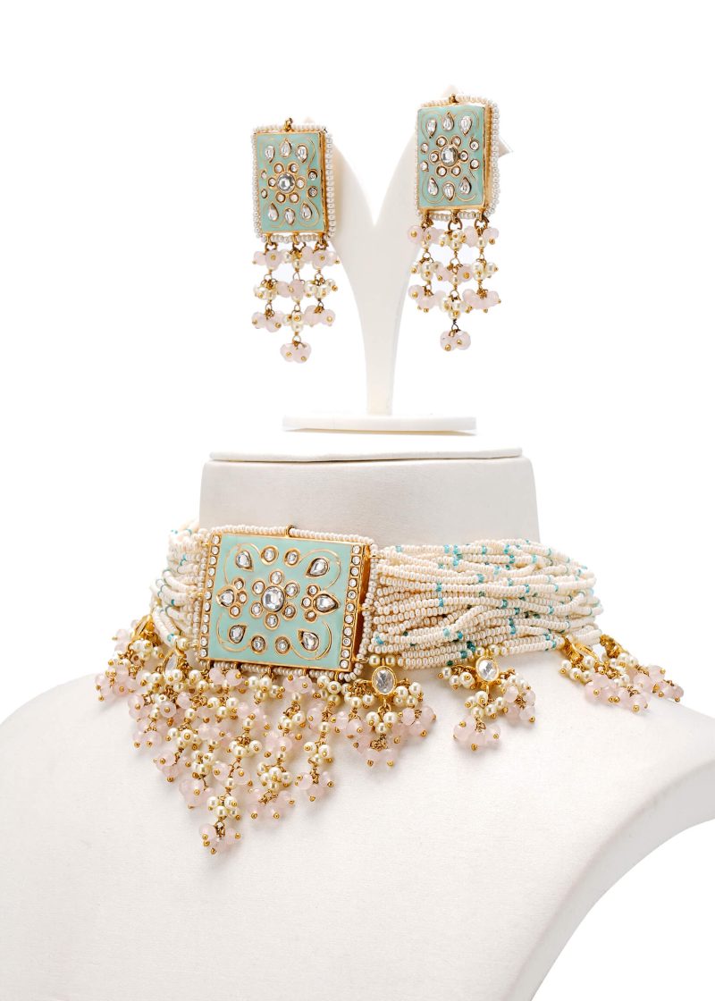 Traditional Necklace | Gold Uncut Diamond Pearl Kundan Emerald Red Base Wedding Set