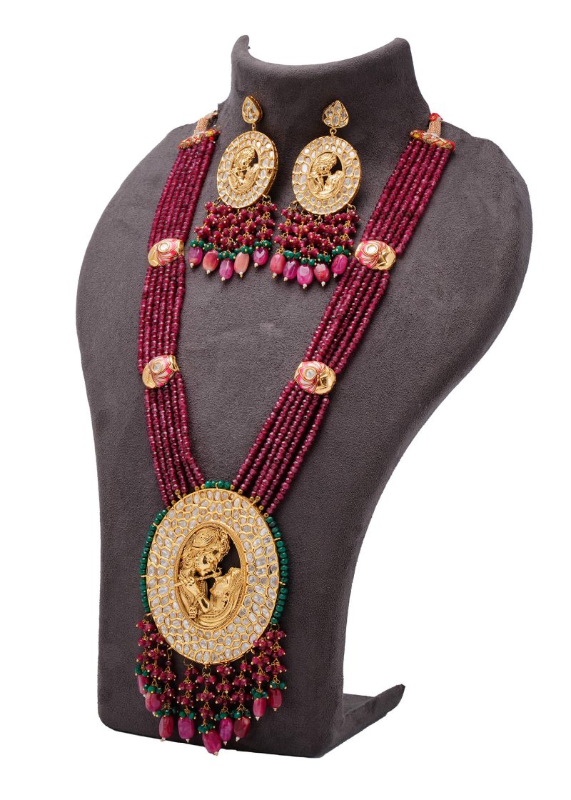 Bridal Set | Gold Metal Silver Uncut Diamond with Maroon Beads & Pink Tassel Details