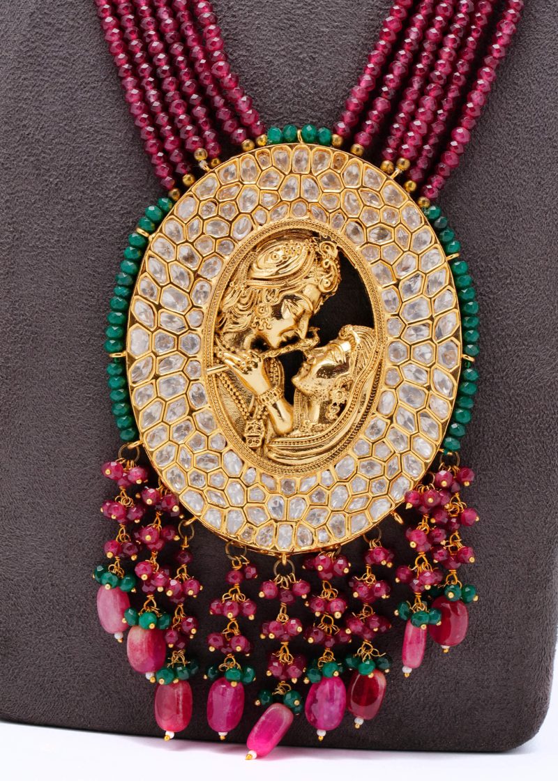 Bridal Set | Gold Metal Silver Uncut Diamond with Maroon Beads & Pink Tassel Details