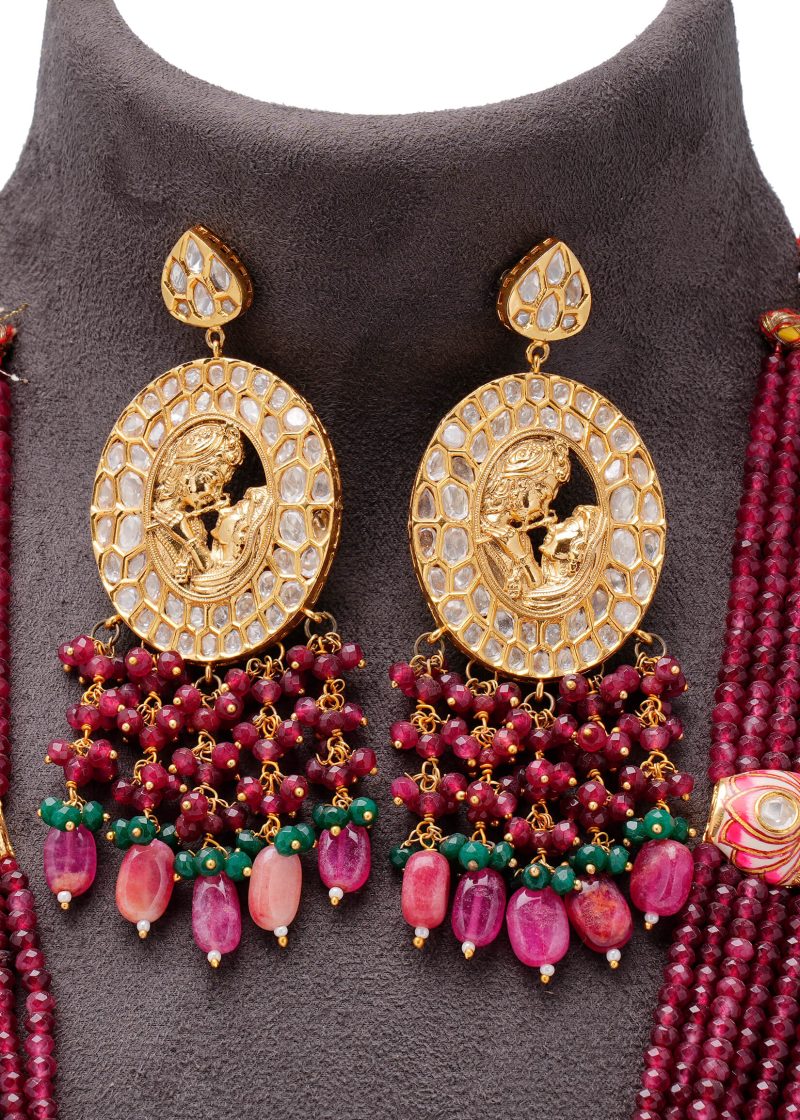 Bridal Set | Gold Metal Silver Uncut Diamond with Maroon Beads & Pink Tassel Details