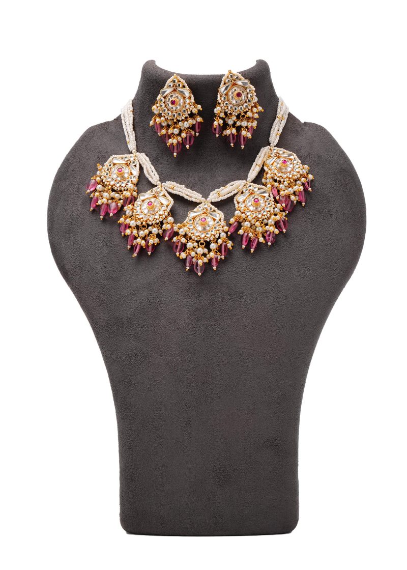Necklace Set | Gold Metal Silver Uncut Diamond with Pink Tassel & Gold Pearl Accents