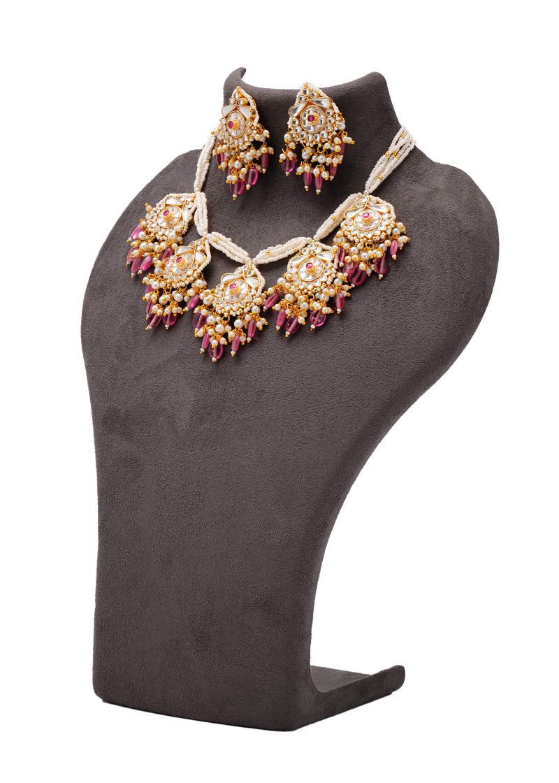 Necklace Set | Gold Metal Silver Uncut Diamond with Pink Tassel & Gold Pearl Accents