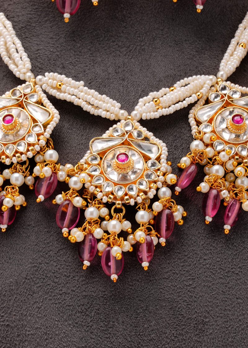 Necklace Set | Gold Metal Silver Uncut Diamond with Pink Tassel & Gold Pearl Accents