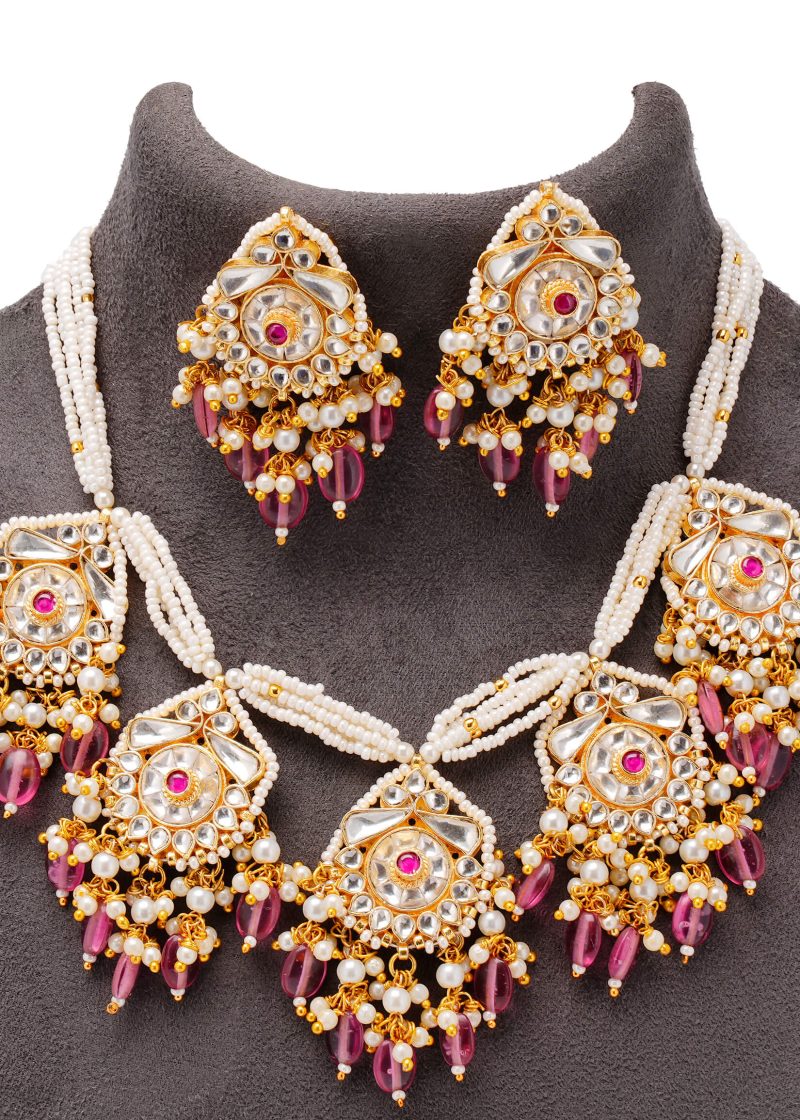 Necklace Set | Gold Metal Silver Uncut Diamond with Pink Tassel & Gold Pearl Accents