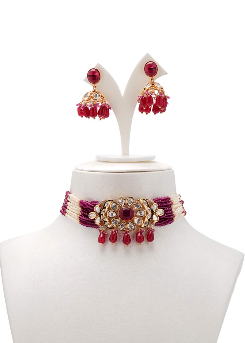 Emerald Green Diamond Choker Set | Gold Metal with Yellow Lulu Tassel & Earrings