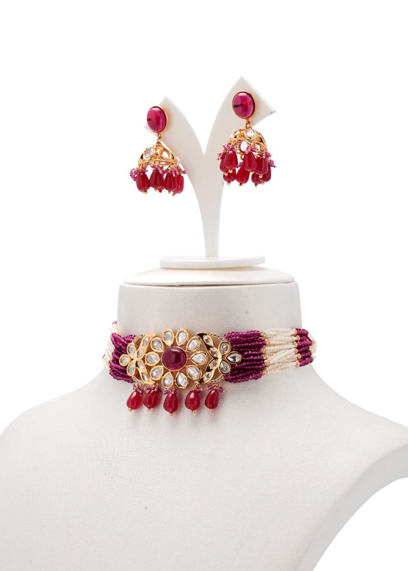 Emerald Green Diamond Choker Set | Gold Metal with Yellow Lulu Tassel & Earrings